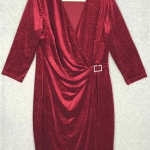 NWT ANNE KLEIN Red Sparkle Faux Wrap Rhinestone Buckle Dress